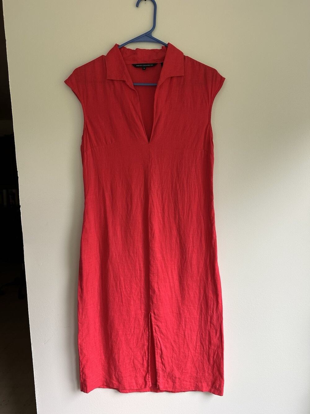 French Connection Pink Linen MIDI Dress Short Sleeve Slit Summer Size 4